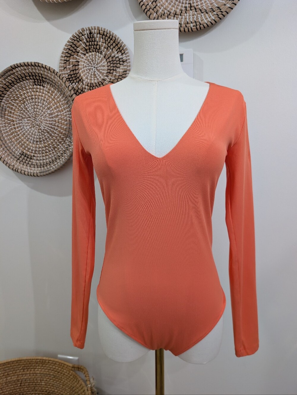 House of Harlow 1960 Ribbed Long Sleeve Bodysuit Coral Size S